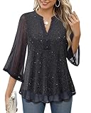 VALOLIA Black Blouses for Women: Sequin Top - Party Tops for Women - Womens 3/4 Sleeve Tops Black Medium