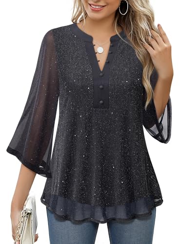 VALOLIA Black Blouses for Women: Sequin Top - Party Tops for Women - Womens 3/4 Sleeve Tops Black Medium