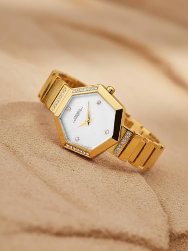 Image of French Connection Mop Silver Hexagonal Dial with Gold Stainless Steel Strap Watch for Womens - FCN0139GM
