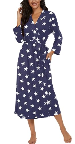 Image of VINTATRE Robes for Women Long Knit Bathrobe XS-4XL | 3 /4 Sleeve Bathrobes with Pockets, Stretchy and Lightweight Fabric, Inner Tie and Fixed Outer Matching Belt, Mid Calf Length