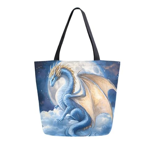 Extra Large Shoulder Tote Bag for Beach Travel Weekender Gym Dragon Blue Big Moon Reusable Grocery Canvas Shopping Bag