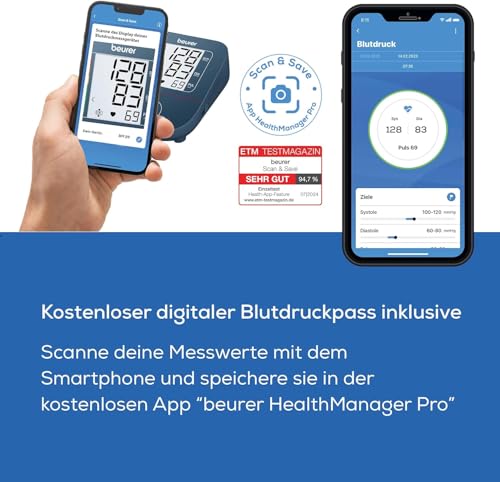 Beurer BM 25 Oberarm Blutdruckmessgerät, einfache Ein-Knopf-Bedienung, genaue Messung, Arrhythmie-Erkennung, mit USB-C-Anschluss, Manschette, Datenübertragung zu Apple Health und co., Blau