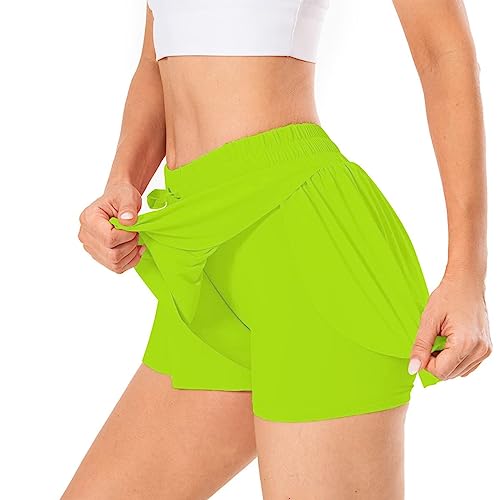 Flowy Shorts, 2 In 1 Butterfly Shorts High Waisted Athletic Shorts For Women Workout Biker Running Yoga Gym Tennis. Fluorescent Green #TOP2