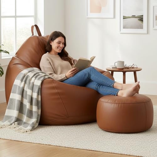 Image of KAM'S LIEU 5XL Bean Bag Combo with Footrest & Cushion | Filled with High Density EPS Beans | Comfortable Sofa for Living Room & Bedroom | 6 Months Warranty, Color- (TAN, 5XL, Classic)