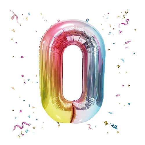 Image of 40 Inch Giant Rainbow Number 0 Balloons, Birthday Balloons, Helium Mylar Foil Big Number Balloons for Birthday Party Decorations, Kids' Birthday Anniversary Party Baby Shower Unicorn Parties