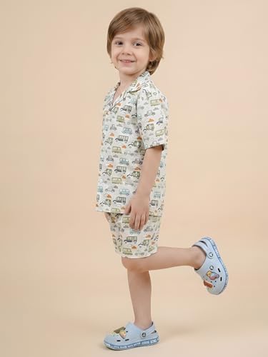 Image of POLKA TOTS Boys 100% Cotton Vacation Wear Co-ord Set | Trendy Printed Shirt & Shorts Combo for Kids | Breathable Summer Beach Outfit for Toddlers & Infants | Lightweight Daily Wear & Night Suit