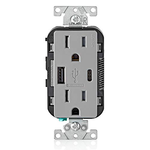 Leviton T5633-GY Type A & Type-C USB In-Wall Charger with 15A Tamper-Resistant Outlet, USB Charger for Smartphones and Tablets. Not for Laptops, Gray by Leviton - Used condition - US$20.37