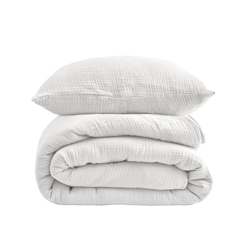 DerF HOME Muslin Bettwäsche Weiß 135x200 cm + 80x80 cm – 100% Baumwolle...