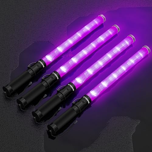 Image of E-riding 4 Pack Purple Traffic Wand, 21 Inch Traffic Control Wand with 3 Flashing Modes & Side Clip, LED Safety Baton for Traffic Control, Parking, Aircraft, Car Directing