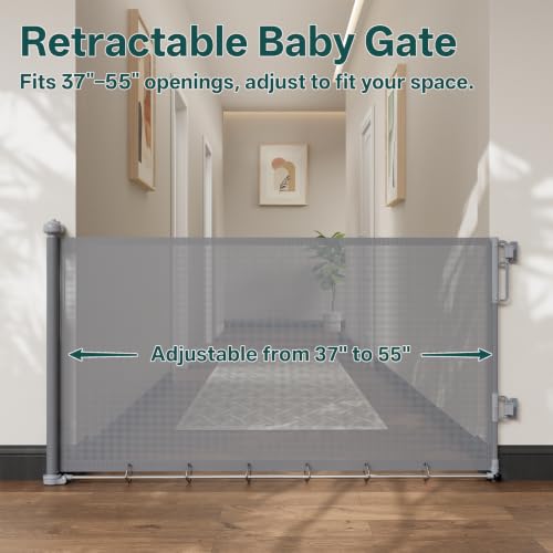 Cumbor 37-55 Retractable Baby Gates for Stairs & Doorways, Indoor Outdoor | Hardware Mounted Mesh Dog & Pet Gate, Easy Walk Through, One-Hand Operation, Anti-Crawl Adjustable Safety Gate for Dog, Grey