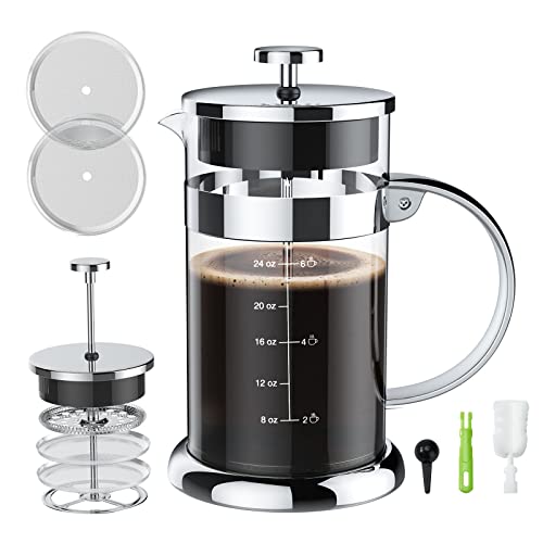French Press Coffee Maker,34 OZ Stainless Steel Coffee Maker with 2 Level Filtration System, Large Heat Resistant Borosilicate Glass