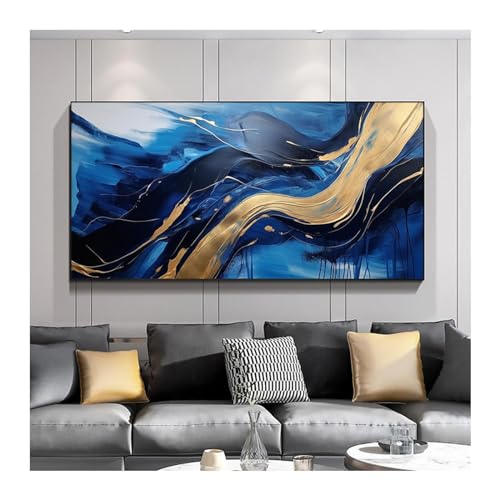 Décoration murale dorée grand tableau bleu salon toile encadrée