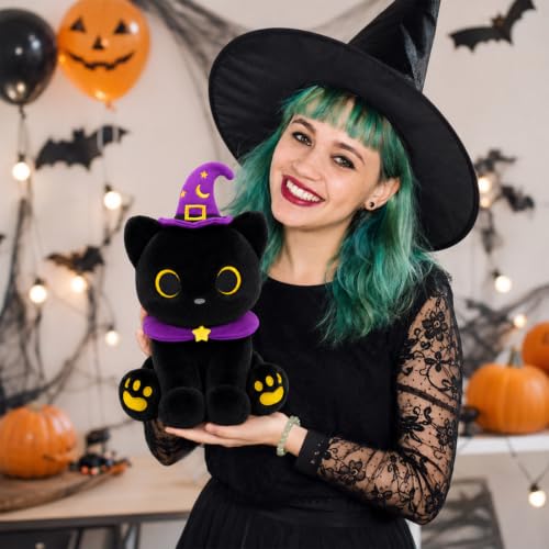 Image of Black Cat Plush - Halloween Stuffed Animal with Witch Hat & Scarf | 8inch Soft Spooky Plush Toy for Kids, Cute Boo Gift for Halloween Favor & Basket Stuffer