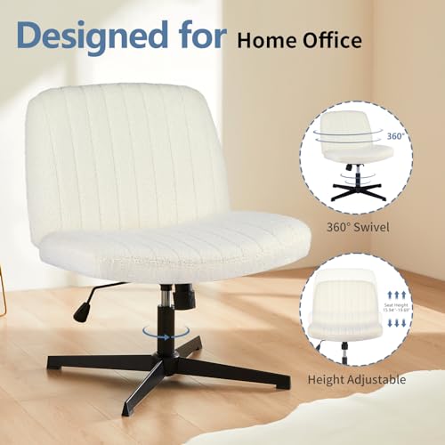 Image of DUMOS Criss Cross Chair No Wheels, Cross Legged Office Desk Armless Vanity Chair Wide Seat, Height Adjustable Swivel Task Computer Chairs for Home Bedroom, Beige Teddy