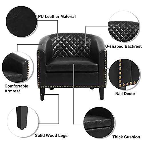 Ssline Armchair Barrel Club Chair,Modern Pu Leather Accent Chair Arm Club Chair W/Nailheads And Solid Wood Legs,Tub Barrel Style Lounge Chair For Living Room Bedroom Reception Room (Black-3) #TOP4