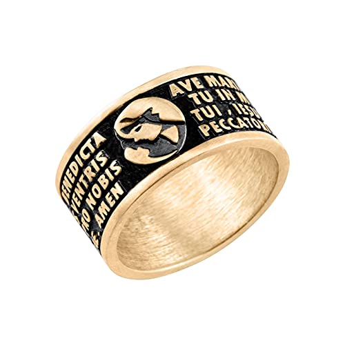 Bague Ave Maria gravée anneau bronze unisexe noir et doré