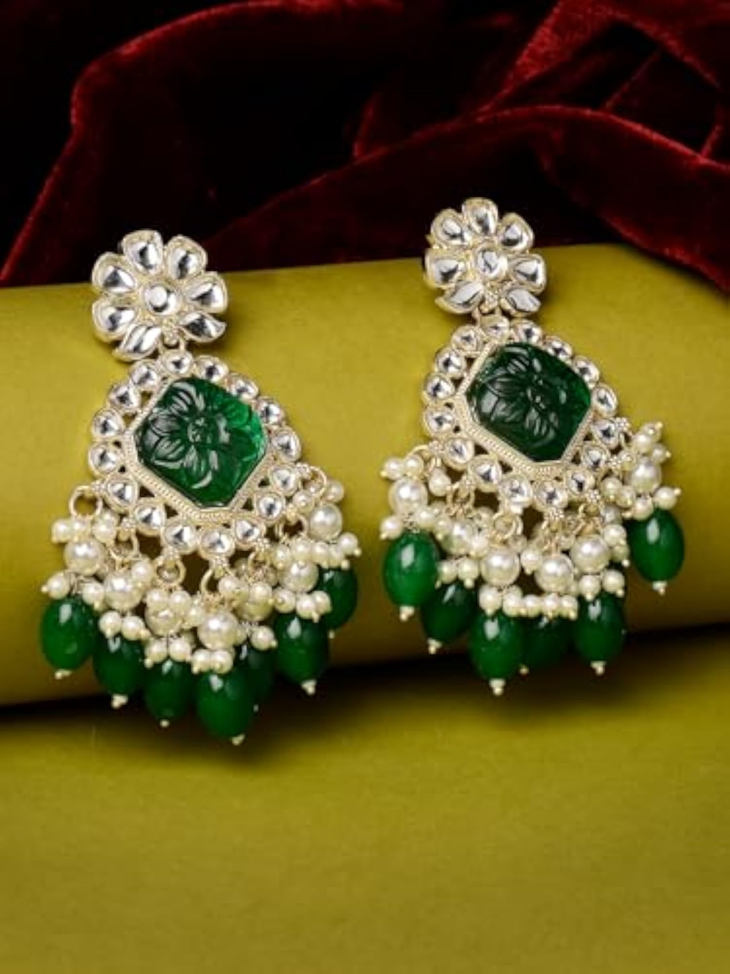 Floral Kundan Dangle Drop Earrings (E104830)
