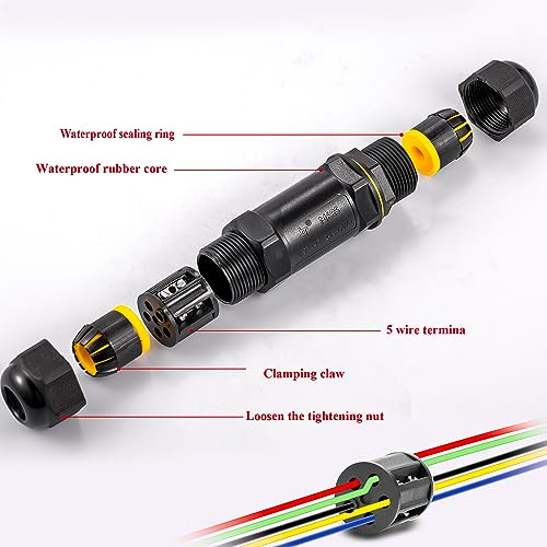 Gredstar 5 Polig Kabelverbinder Verbindungsmuffe Wasserdicht IP68 24A 450V Verbindungsbox Erdkabel Muffe Kabelverbindung 5 Polig Kabelsteckverbinder für Erdkabel Ø4-14mm,1 Stück, CJX2K, Schwarz