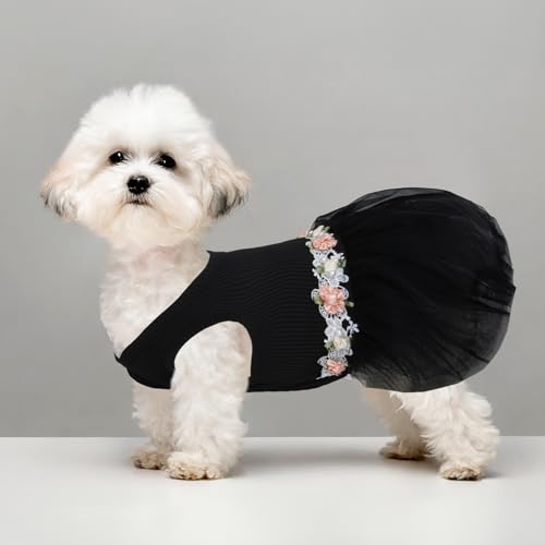 Image of CuteBone Black Tulle Skirt Dog Wedding Bridesmaid Dress for Puppy with Lace Trim at Waist - Comfortable, Stylish, and Perfect for Special Occasions HBQ04S