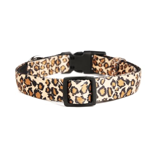 Olahibi Basic Hundehalsband, Polyester-Gurtband, gepolstert mit weichem Neopren, Leopardenmuster, für kleine Hunde (S, Brauner Leopard)
