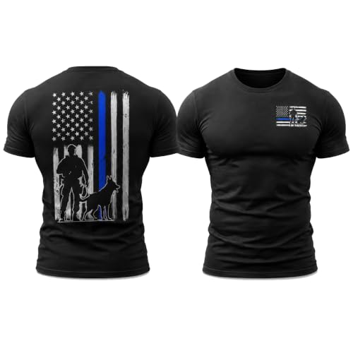 K-9 Police Thin Blue Line Flag Men's T-Shirt, Front & Back Graphic-Black/L