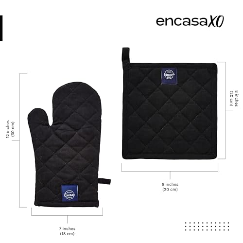 Image of Encasa XO Heat Resistant 100% Cotton Oven Glove & Potholder Set with Loop, Kitchen Cooking Mittens, Microwave Safe Hot Pads (Full Black)