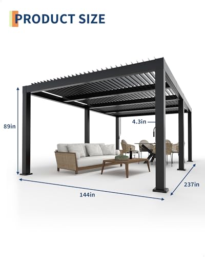 Image of Garveelife All-Aluminum Louvered Pergola 12 ft x 20 ft, Outdoor Pergola with Adjustable Louvered Roof, Reinforced Aluminum Frame, Integrated Drainage System, Hardtop Gazebo for Patio, Deck, Gray