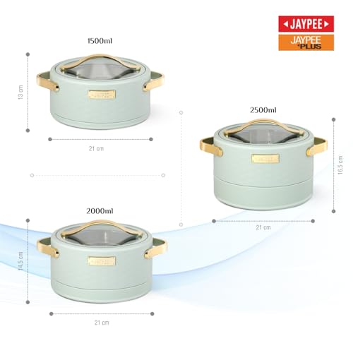 Image of JAYPEE Luxura Klass Set Inner Steel Serving Painted Casserole Set Of 3 Toughened Glass Lid Advanced PU Insulated 100% Food Grade Lockable Hot Box Easy To Keep Roti,Pulao & More|1500,2000,2500 Ml,Green