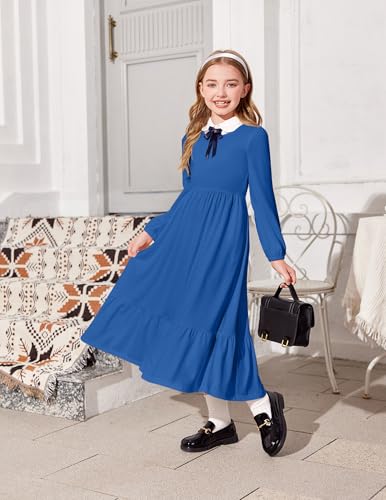 Image of Arshiner Girls Maxi Dresses Lantern Long Sleeve Casual Holiday Dress with Pockets for 5-14 Y