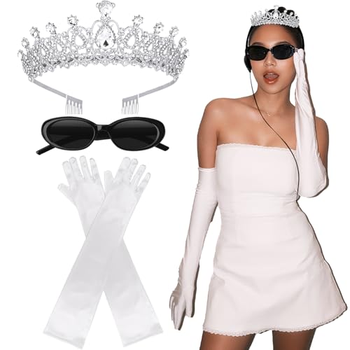 Brimekichio White Tiara Gloves Sunglasses 3Pcs Princess Costume Accessories for Women Princess Cosplay Bachelorette Party Decorations