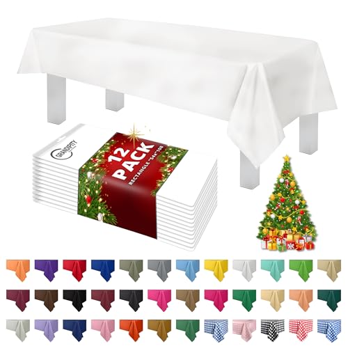 Grandipity 12 Pack Premium Disposable Plastic Tablecloth 54 Inch. x 108 Inch. with 0.3mm Thickness Table Cover - White