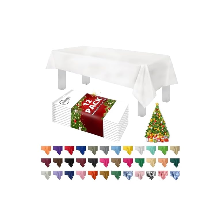 Grandipity 12 Pack Premium Disposable Plastic Tablecloth 54 Inch. x 108 Inch. with 0.3mm Thickness Table Cover - White