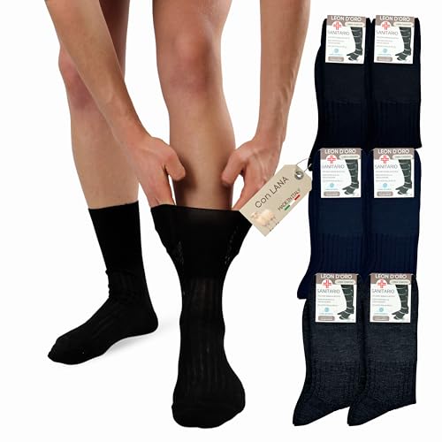 LEON D'ORO Calze Uomo LANA Sanitarie Calzini Uomo senza elastico per Diabetici Made in Italy (IT, Numero, 43, 45, Regular, Regular, ASS)