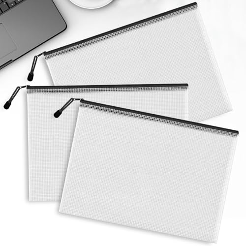 Pacote com 3 sacos de malha com zíper A4 sacos de arquivo de plástico com zíper para escritório, viagem, material escolar, organização doméstica, armazenamento