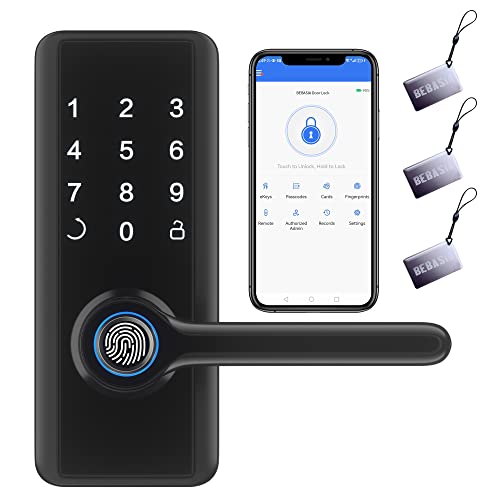 BEBASIA Smart Door Lock, Keyless Entry Door Lock, Fingerprint Door Lock, Door Locks with Keypads, Bluetooth WiFi Door Locks, Keypad Door Lock with Reversible Handle, APP Control, Fobs, Code
