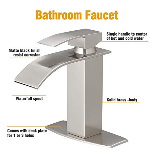 Besy Waterfall Spout Bathroom Faucet,Single Handle Bathroom Vanity Sink Faucet, Rv Lavatory Vessel Faucet Basin Mixer Tap With Deck Plate, Solid Brass Brushed Nickel, 1 Or 3 Hole #TOP1