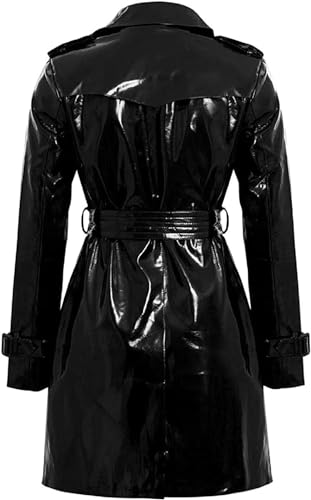 Yolo Jackets Women's Wet Look PVC Patent Faux Leather Outdoor Fashion Clothing Shiny Glitter Double-Breasted Trench Coat2