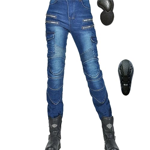 KHAMEO Calças de motocicleta para mulher, com joelheiras removíveis, protetores de quadril, calças de ganga protetoras de mota para mulher, calças de corrida motocross com armadura elástica (Blue, M)