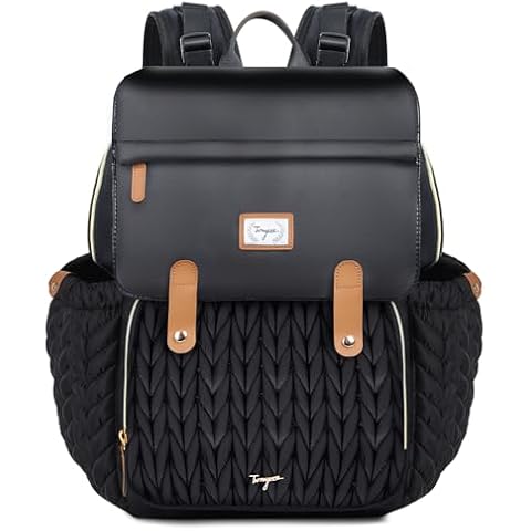 Tonyeee Baby Diaper Bag Backpack - Waterproof Leather Diaper Bags, Quilted Diaper Backpack with Changing Pad, Insulated Pockets, Stroller Buckle, Travel Essentials Baby Bag for Mom Dad, Black Cover