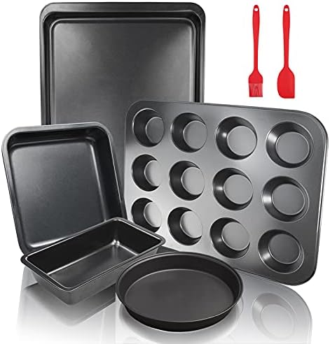 5Pcs FLMOUTN Non-Stick Carbon Steel Oven Bakeware Baking Tray Set with Bread Pan, Cookie Sheet, Pizza Pan, Cake Pan and Muffin/Cupcake Pan for Cooking