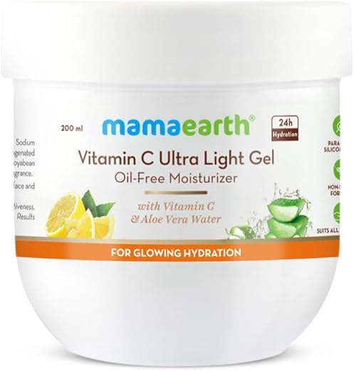 Mamaearth Vitamin C Ultra Light Gel Oil-Free Moisturizer For Face, Body and Hands; with Vitamin C & Aloe Vera Water for Glowing Hydration – 200 ml