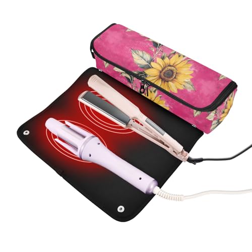 Bolso de viaje resistente al calor para herramientas de cabello Hot Pink Rustic Sunflower con tapete resistente al calor para plancha de pelo y rizador miniatura 2
