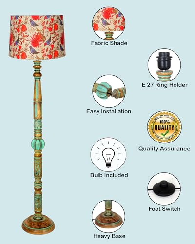 Image of Homesake Royal Carving Antique Algae Finish Wooden Floor Lamp for Living Room | Light Decoration for Home Corner Lamp for Living Room Bedroom | Antique Floor Light, Twisted Ropes Shade, Bird