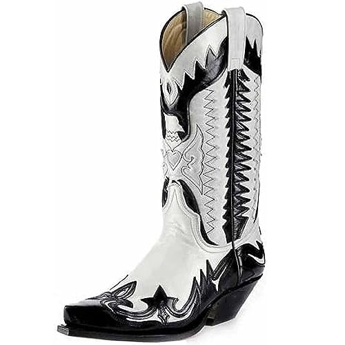 DJFOG Bottes de Chevalier pour Hommes, Bottes de Motard brodées, Bottes Hautes Vintage, Style Cowboy Occidental, Bottes de Moto à Bout Pointu,Blanc,42 EU