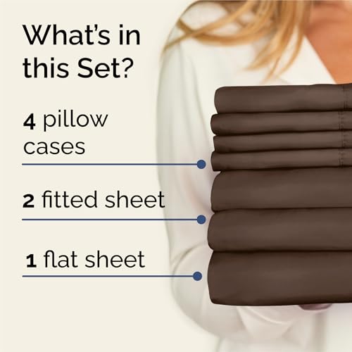 Image of Split King 7 Piece Bed Sheet Set - Comfy, Breathable & Cooling - Brown | Ultra-Soft Hotel Luxury Bedding Set w / 8-16 Inch Deep Pockets, 1 Flat & 2 Fitted Sheet & 4 Pillowcases, Wrinkle & Fade Free