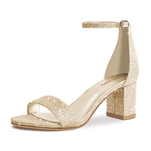 PIZZ ANNU Women's Low Block Heels 2 Inch Sandals Chunky Open Toe Ankle Strap Wedding Dress Pump Shoes For Women Brides Ladies, Gold Glitter 9 Wide by PIZZ ANNU - Used condition - US$33.51