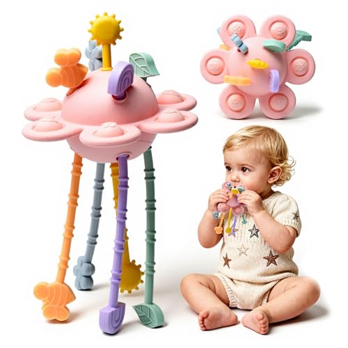 Image of Little Rawr Silicone Baby Sensory Montessori Toys & Pull String Toys for 18 M+, Toddler Birthday Gift Car Seat Airplane Travel Toy for 1 2 Year Old Boy Girl Infant 18 Months Old (Pink)