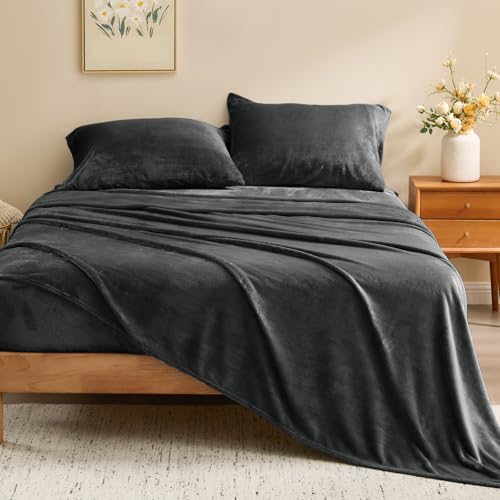 Image of BEDELITE Flannel Sheets Full Size Dark Gray - Super Soft Fleece Sheets Set Fluffy Extra Plush, 4 Piece(Include Fitted Sheet, Flat Sheet, 2 Pillowcases)