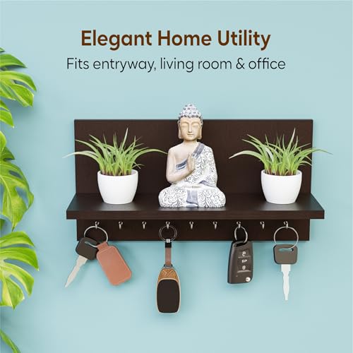 Image of Kuber Industries Mdf Wooden Keychain Holder for Wall With 9 Hooks and Display Shelf Organizer | Key Holder for Home Decor Stylish | Modern Key Stand | Brown