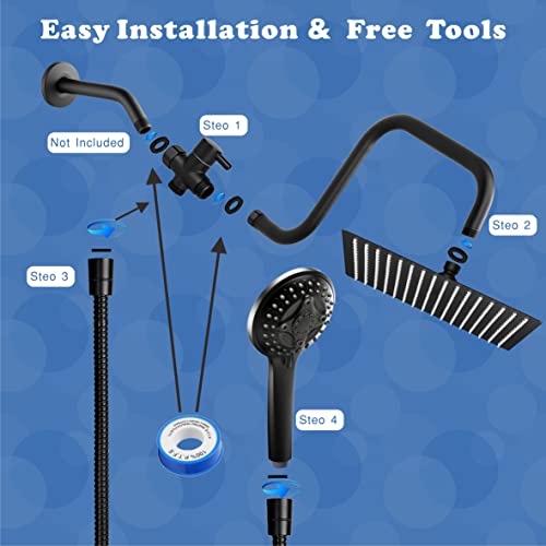 8 Inch Rain Shower Head With Handheld Spray, Metal High Pressure Rainfall Shower Head With Handheld Combo With 13 Inch Extension Shower Arm,Rain Shower And Handheld Separately Or Dual Spray #TOP3